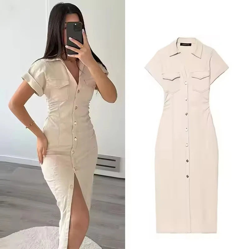 Women's Denim Ruched Midi Dress – Spring/Summer 2025 Casual Streetwear