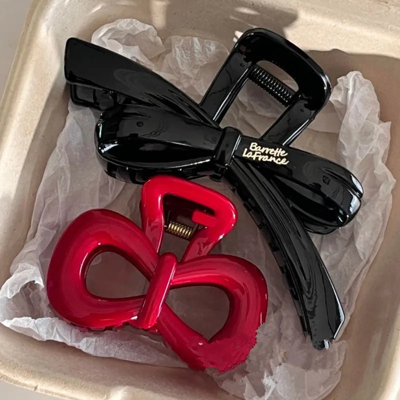 2PCS Vintage Hair Clips – Blue Polka Dot & Red Bow, Shark Claw, Korean Style