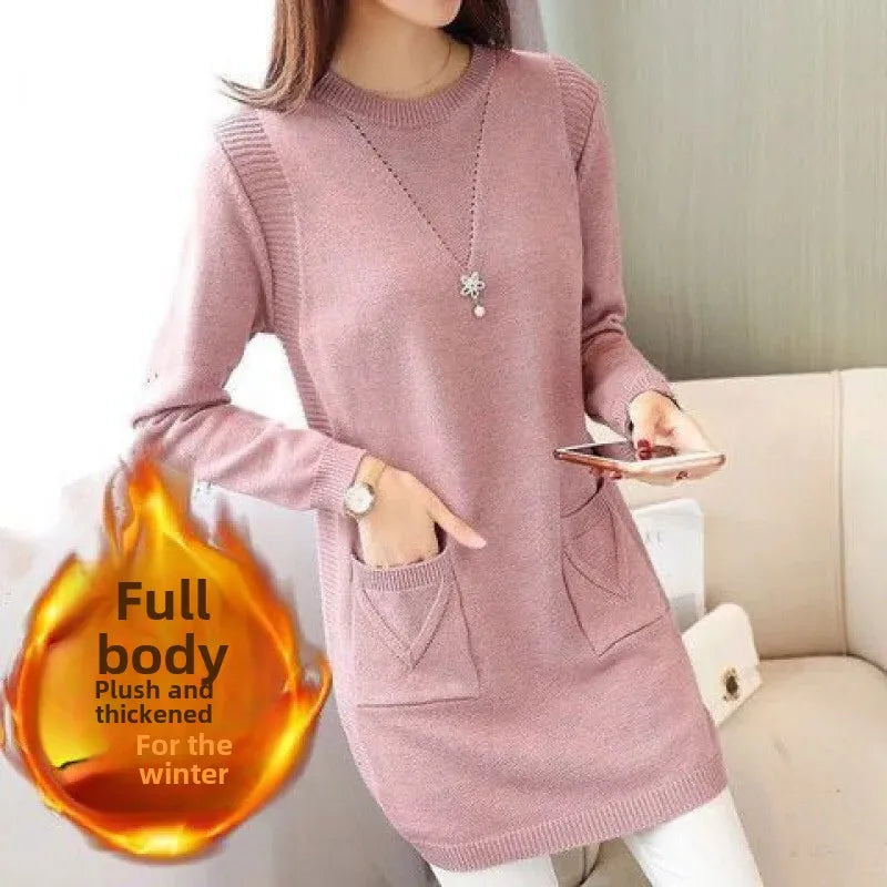 Pull Femme Tricot Mi-Long – Coupe Ample, Doublé Polaire, Style Coréen