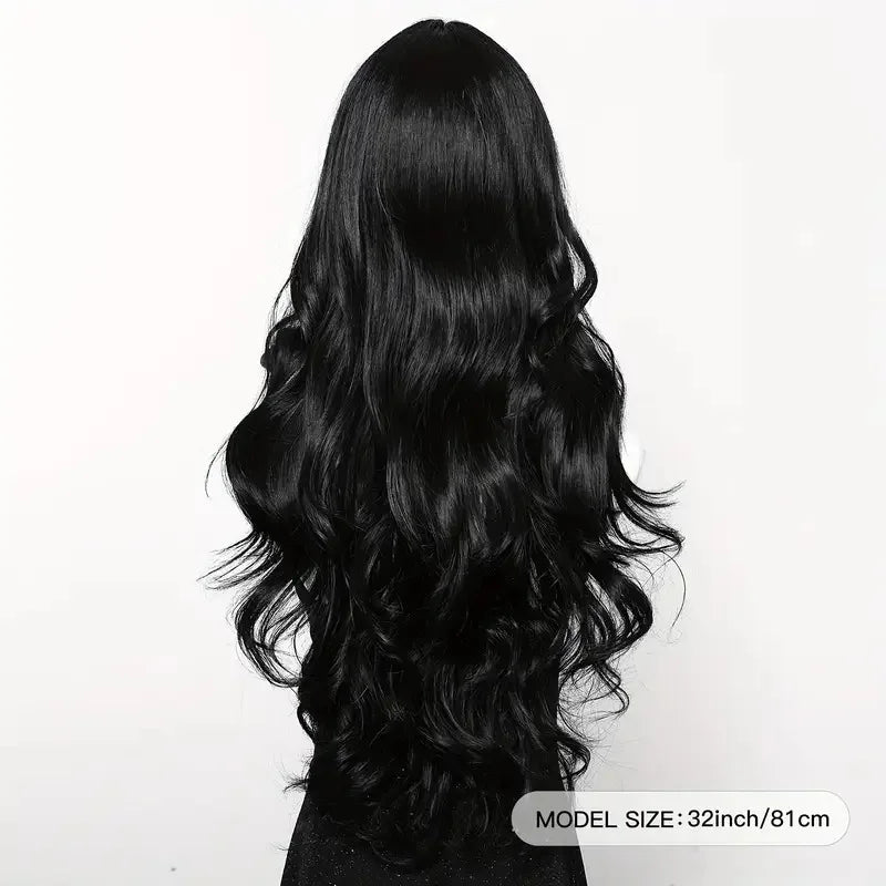 Black Synthetic Wig – Long Wavy, Middle Part, Heat-Resistant, Party & Daily Use