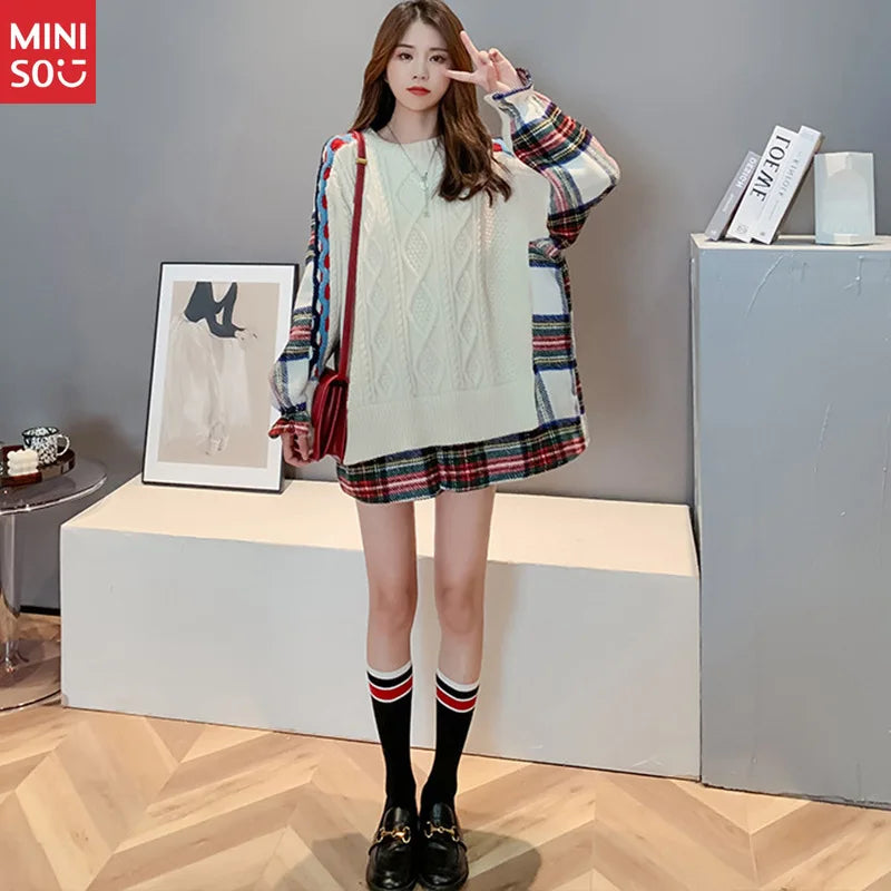Miniso Oversized Sweater Dress – Patchwork Knit Long Top for Women, Plus Size Casual Style