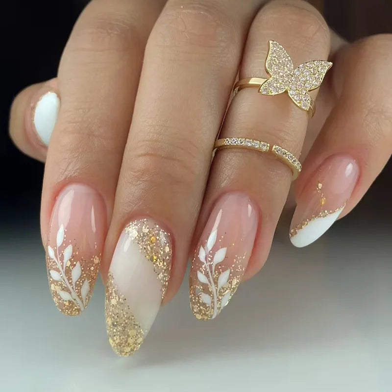 24pcs Matte Almond Press-On Nails with Rose Leaf Design
