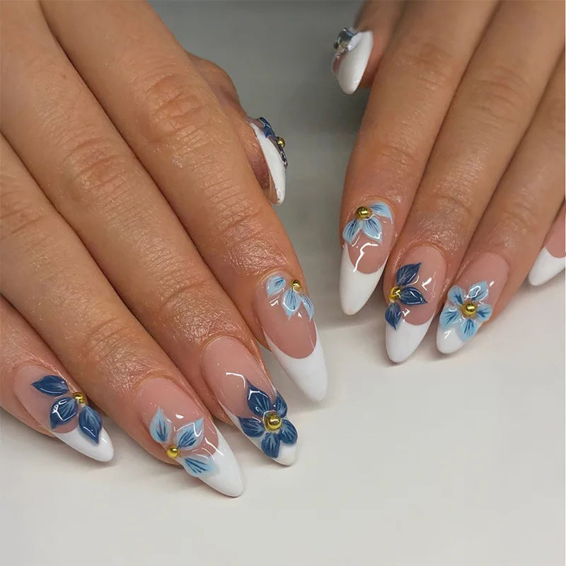 24pcs Matte Almond Press-On Nails with Rose Leaf Design