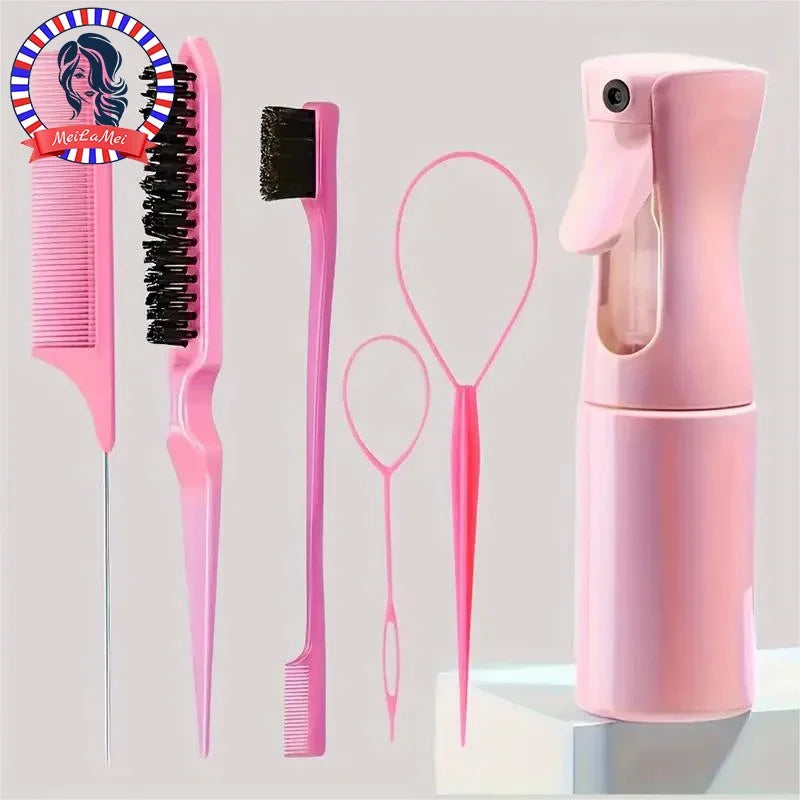 6PCS Hair Brush Set – Spray Bottle, Braiding Loop, Rat Tail Comb, Teasing & Edge Control Brushes