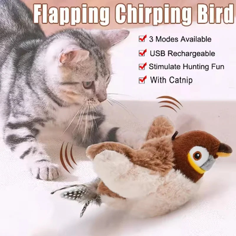Interactive Plush Bird Toy – Rechargeable, Chirping & Flapping, Touch-Activated for Cats & Dogs