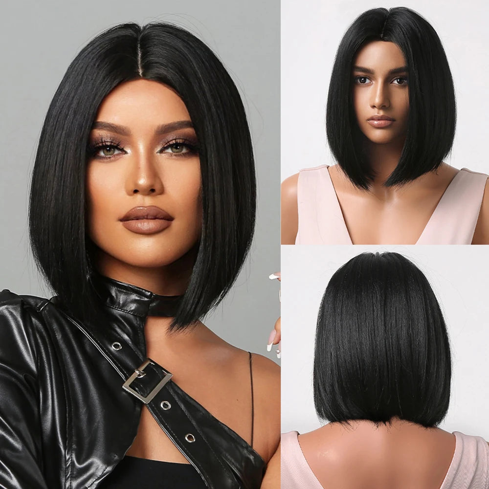 Black Synthetic Wig – Long Wavy, Middle Part, Heat-Resistant, Party & Daily Use
