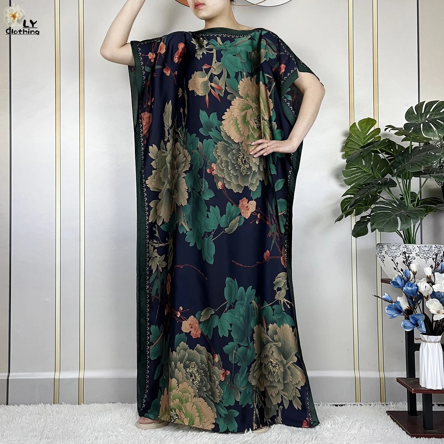 Dubai Printed Silk Maxi Dress with Turban – Loose Casual Islamic Fashion for Women