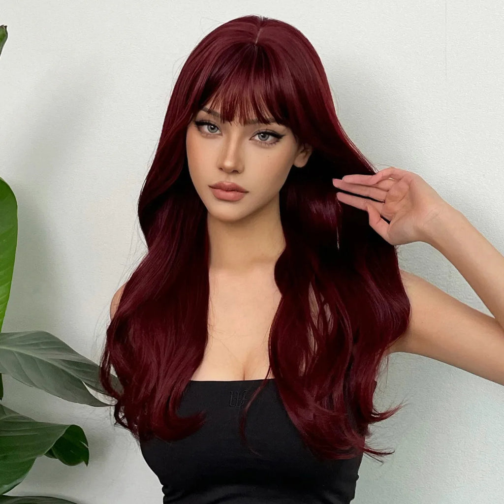 Wine Red Synthetic Wig – Long Curly, Big Waves, Bangs, Heat-Resistant, Full Head