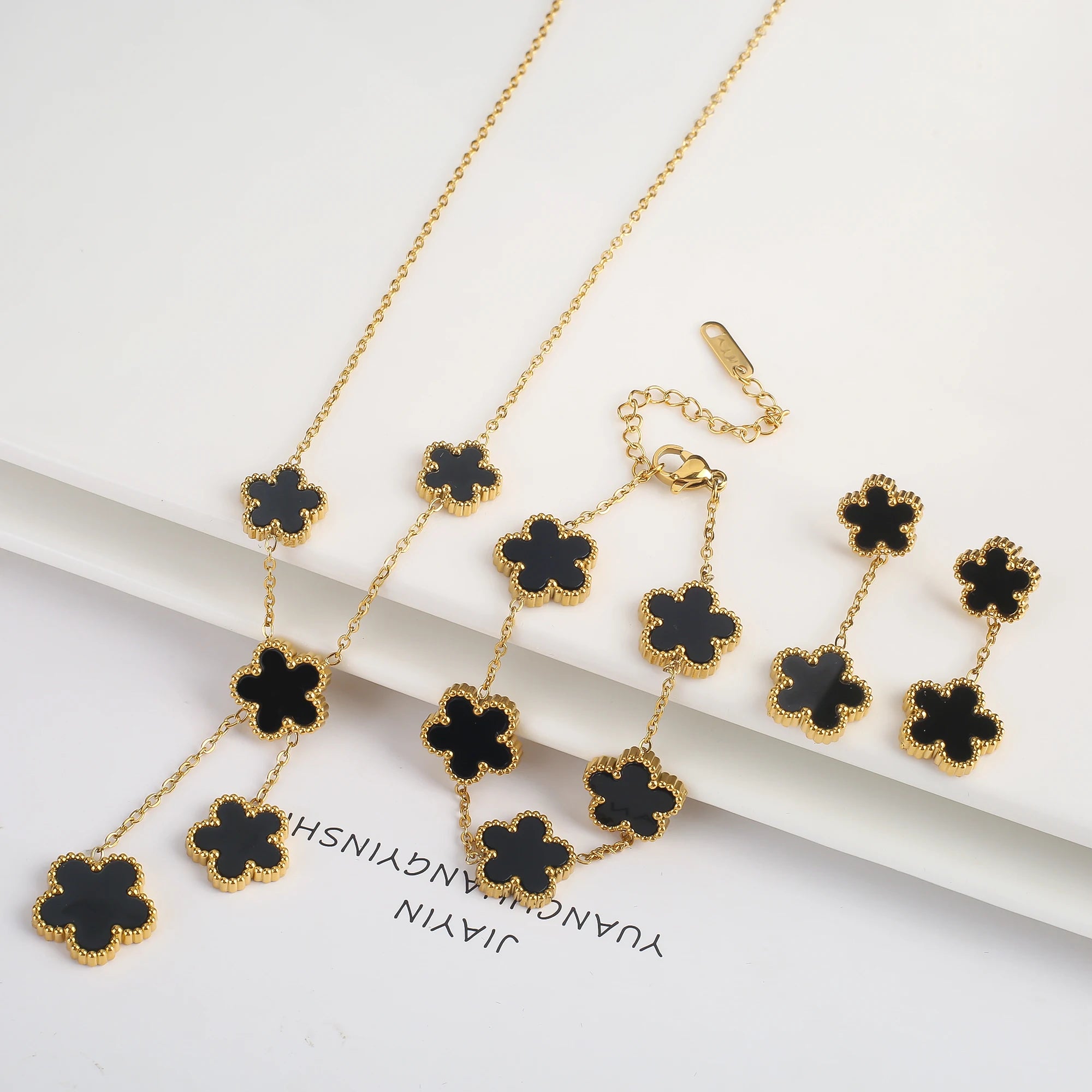 Clover Five Leaf Flower Stainless Steel Jewelry Set
Luxury Bracelet, Necklace & Earrings for Women