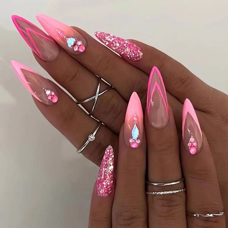 Medium Acrylic Almond Fake Nails – Removable Press-On, French Style, Europe/USA Design
