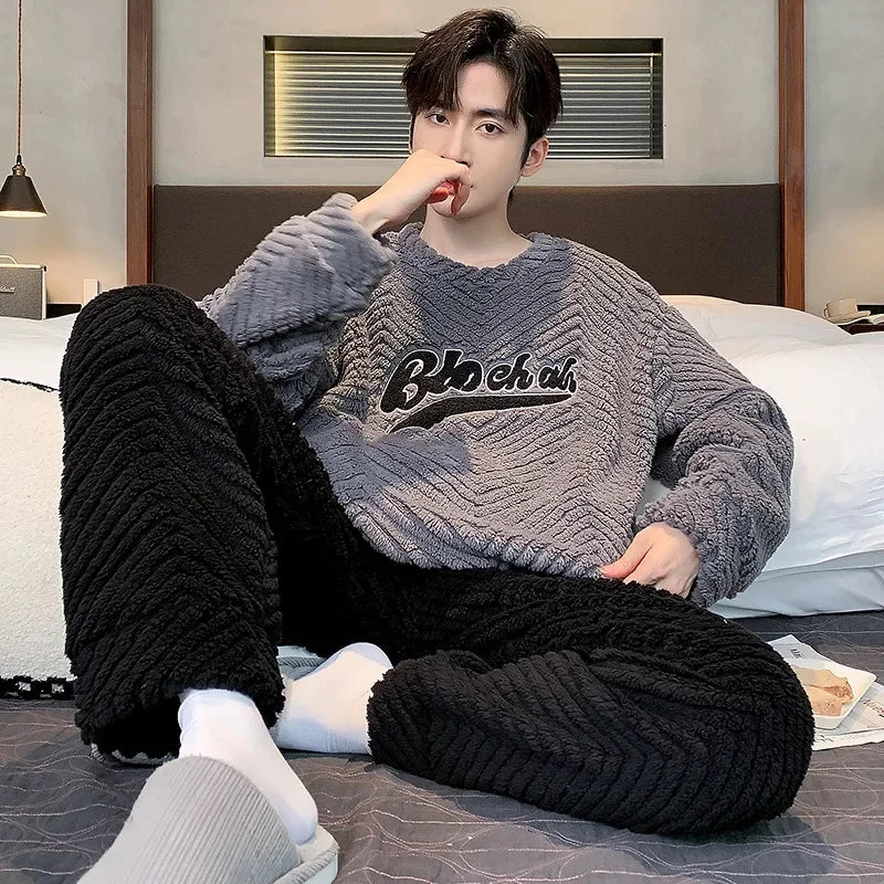 Men's Coral Fleece Pajamas – Thickened, Warm, Two-Piece, Autumn/Winter