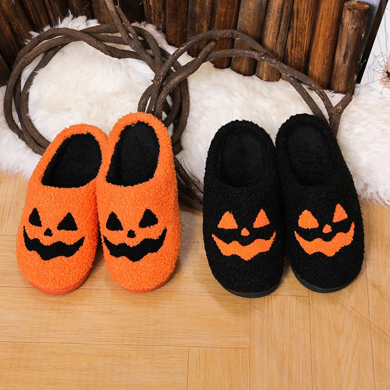 Cozy Halloween Pumpkin Plush Slippers – Women's Non-Slip Indoor Winter Slides