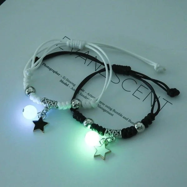 Sun & Moon Luminous Stainless Steel Couples Bracelet Set – Black Rope
