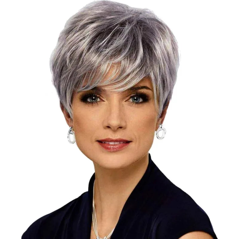 Short Dark Brown Wig – Blonde Highlights, Pixie Cut, Synthetic Layered, Bangs, Natural Look