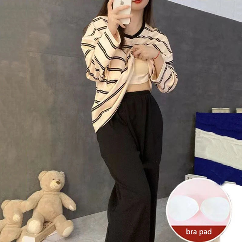 Women’s Striped Long Sleeve Plus-Size Pajamas – O-Neck Casual Homewear