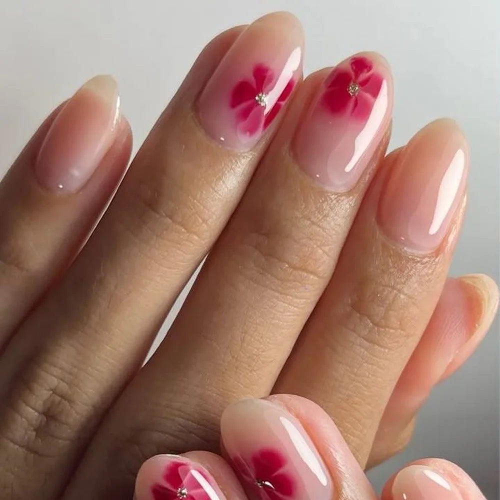 24pcs Matte Almond Press-On Nails with Rose Leaf Design