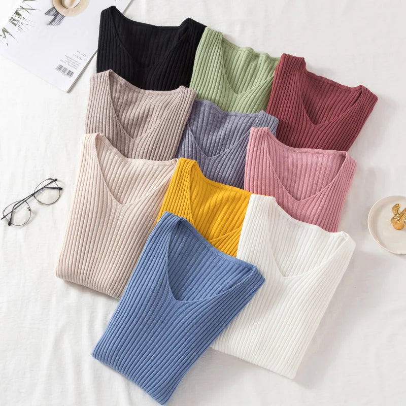 Women’s Autumn Winter V-Neck Knitted Pullover Sweater – Casual Long Sleeve Top