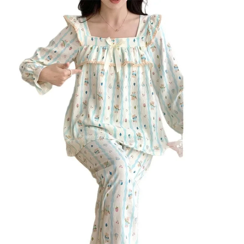 Cloud Cotton Women's Sleepwear Set – Long Sleeve Top & Pants with Chest Pad and Lace Detail