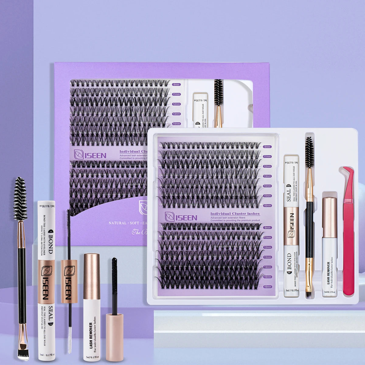 ISEEN DIY Lash Extension Kit – Mixed Styles, Clusters, Includes Bond & Seal, Tweezers & Brush