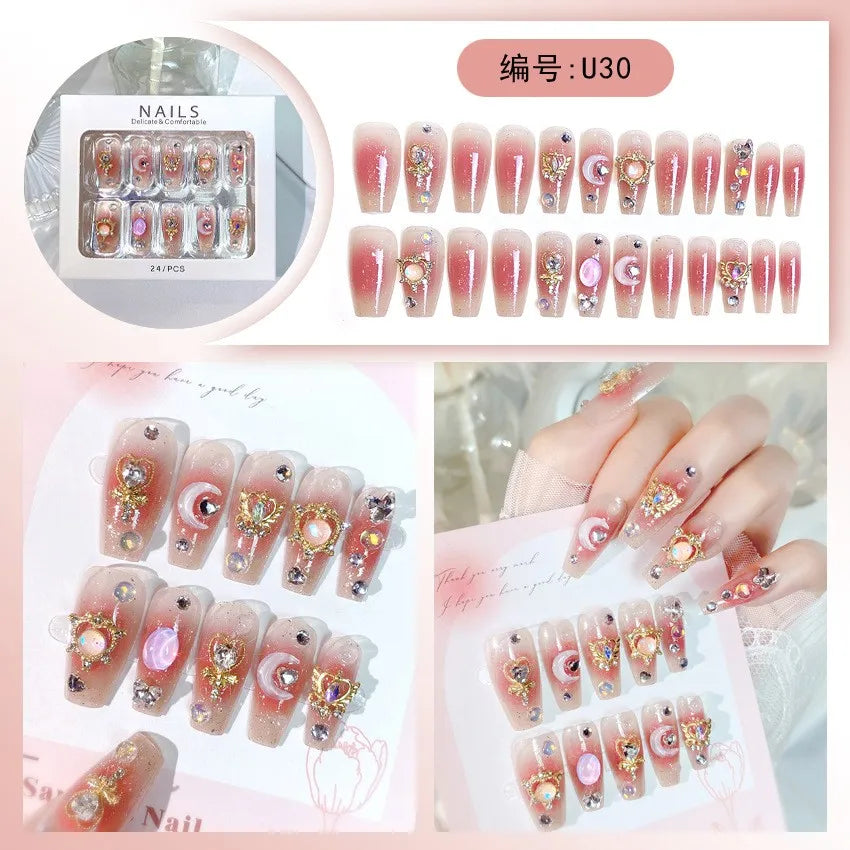 24PCS Pearl Bow Press-On Nails – Nude Pink, White French Almond, Full Cover, Includes Tools
