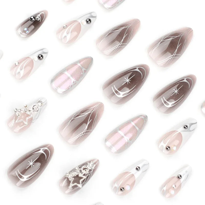 Gray & White Fake Nails – French Style, Flame Blend, Reusable, Wearable