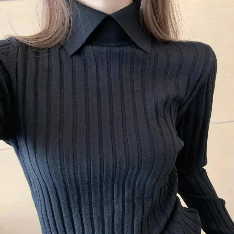 Spring/Autumn French-Style Slim Polo Collar Women's Sweater