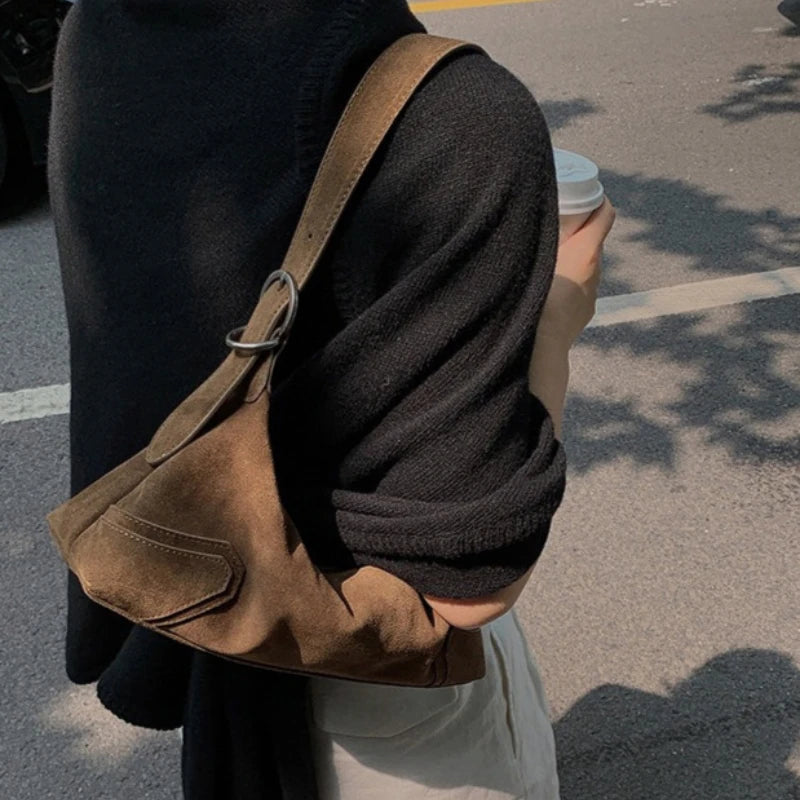 Trendy Suede Leather Underarm Bag – Retro Motorcycle Style for Women