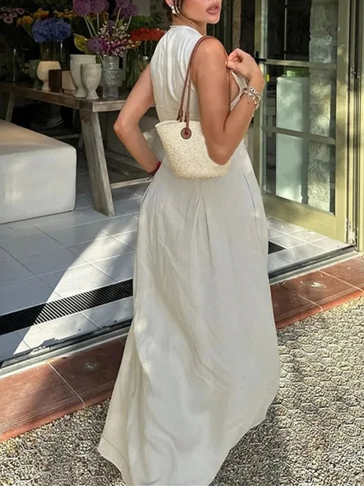 MUJER  Women’s Elegant Pleated Bodycon Midi Dress – Sleeveless Zipper Party Dress