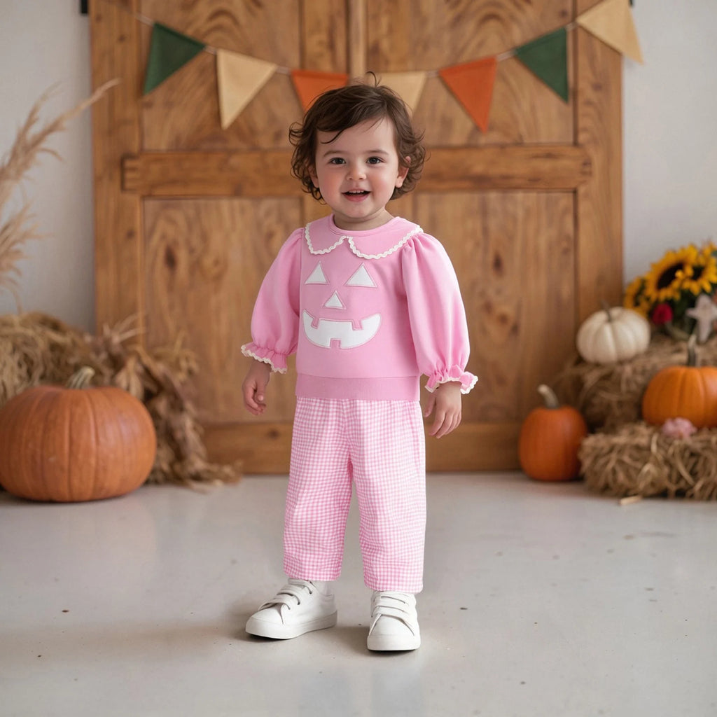 Toddler Girl Halloween Outfit – 2-Piece, Pumpkin Embroidery, Long Sleeve Top & Plaid Pants