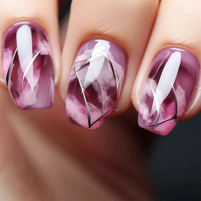 24pcs Wine Red Glitter Gradient Press-On Nails