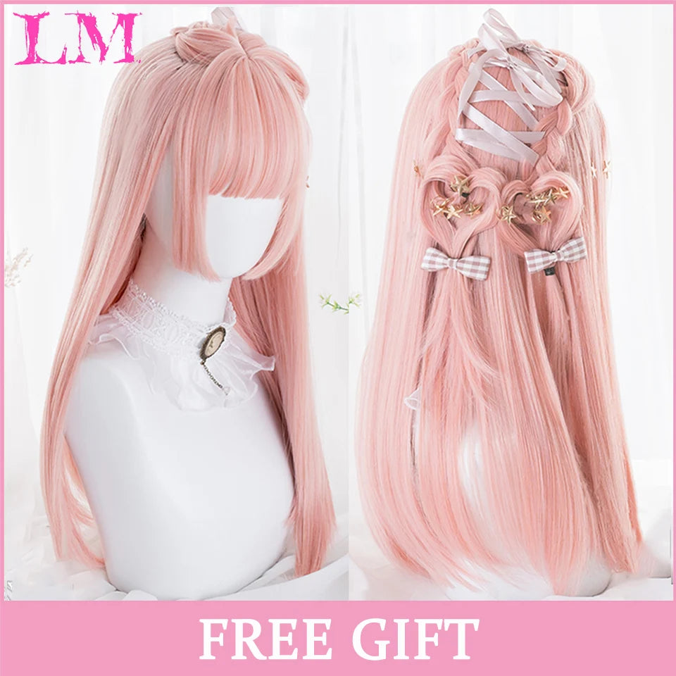 LM Cosplay Wig – 24" Long, Straight Pink, Bangs, Heat-Resistant