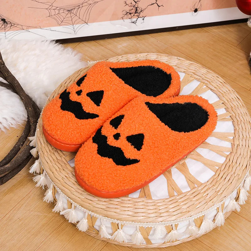 Cozy Halloween Pumpkin Plush Slippers – Women's Non-Slip Indoor Winter Slides
