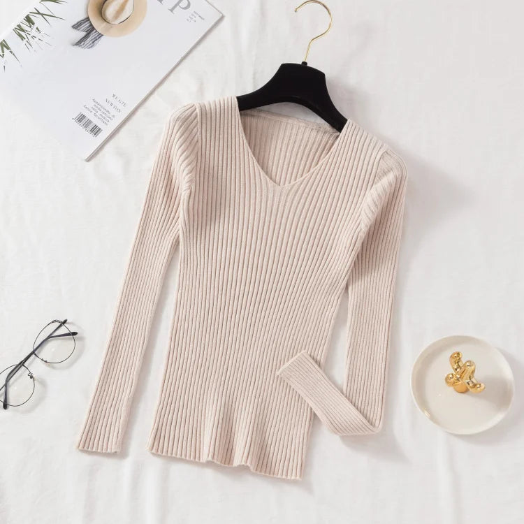 Women’s Autumn Winter V-Neck Knitted Pullover Sweater – Casual Long Sleeve Top