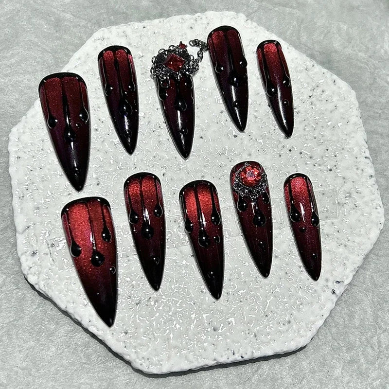 10PCS Dark Red Press-On Nails – Long Tips, Handmade, Cat Eye Glitter & Chains