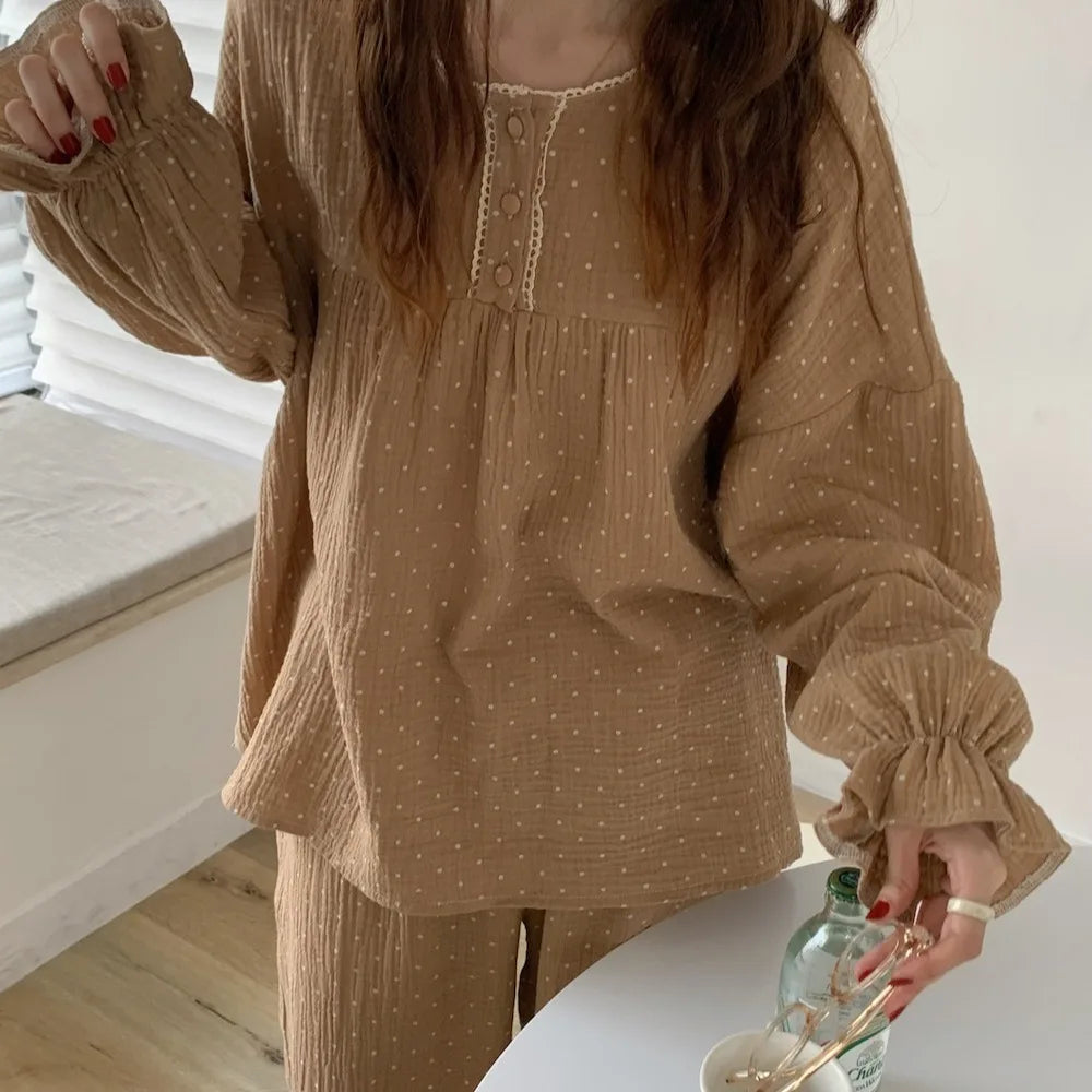 Ladies’ Korean-Style Long Sleeve & Pants Pajama Set – Loose Homewear