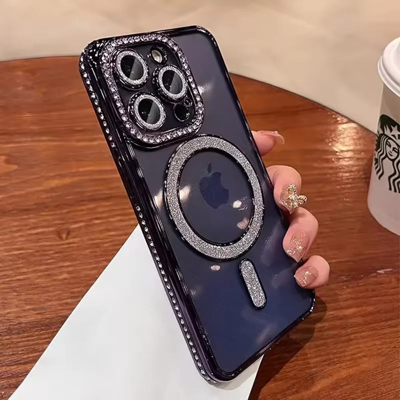 Glitter Diamond Transparent iPhone Case – Magnetic Wireless Charging Compatible