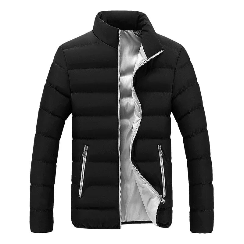 Men's Cotton Padded Jacket – Black, Warm, Casual, Autumn/Winter, Standing Collar, Thick Parker Coat
