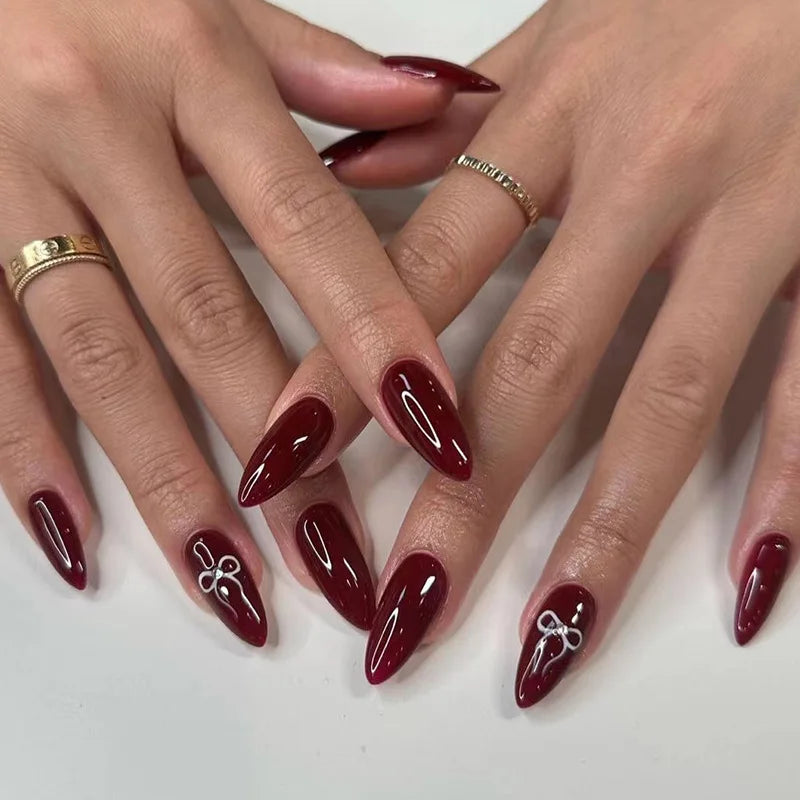 Medium Acrylic Almond Fake Nails – Removable Press-On, French Style, Europe/USA Design