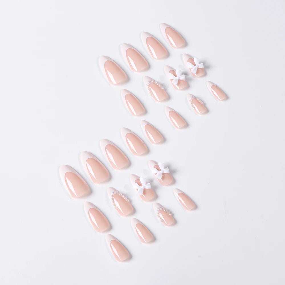 24PCS Pearl Bow Press-On Nails – Nude Pink, White French Almond, Full Cover, Includes Tools