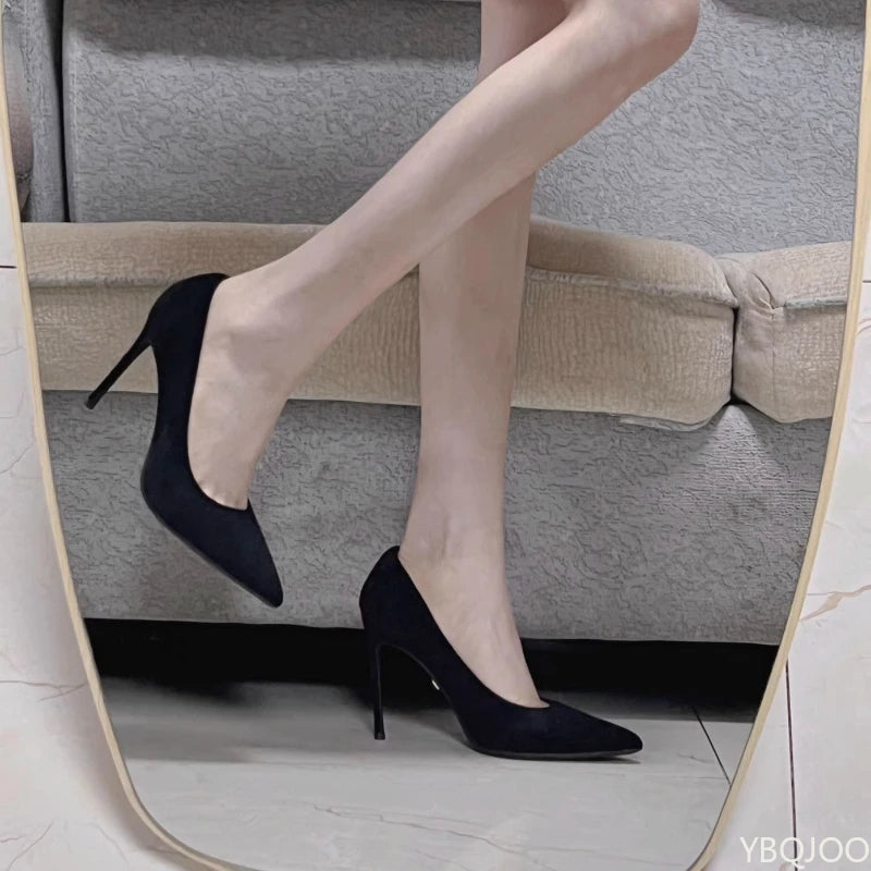 Women’s Black Pointed Suede High Heels – Elegant Shallow Pumps