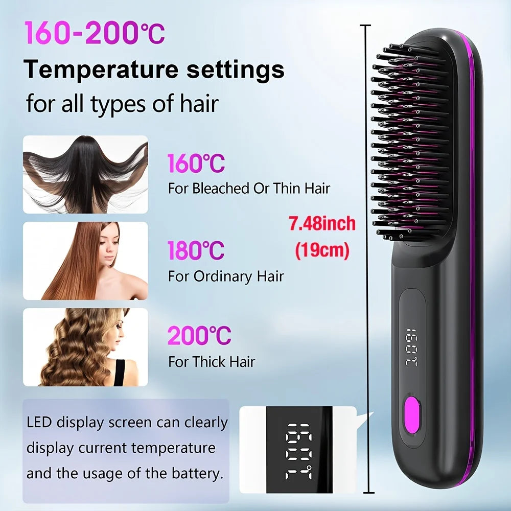 Cordless Hair Straightener Brush – Hot Comb, USB Type-C, Anti-Scald, Rechargeable