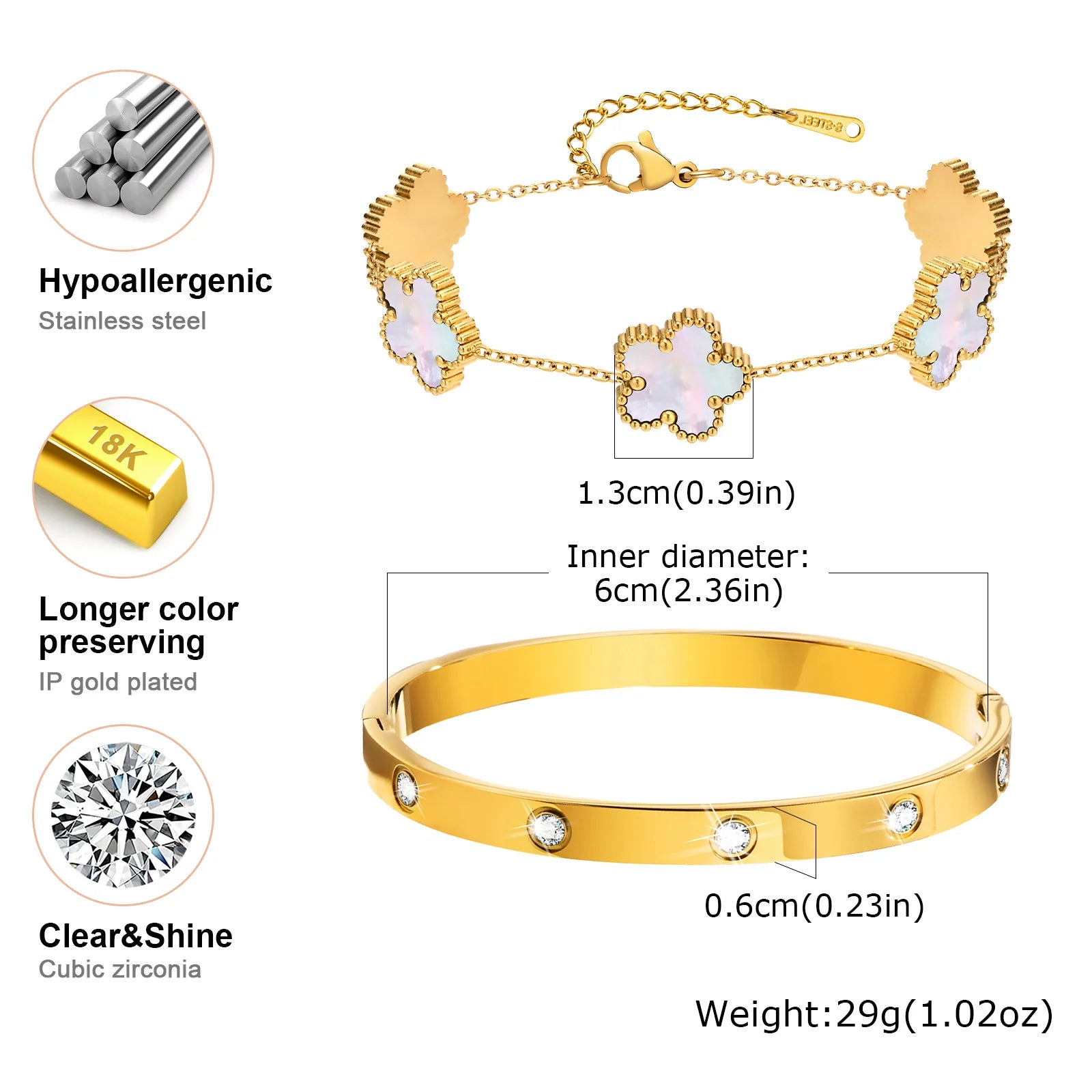 13mm Clover Stainless Steel Bracelet Set – Women’s Gift