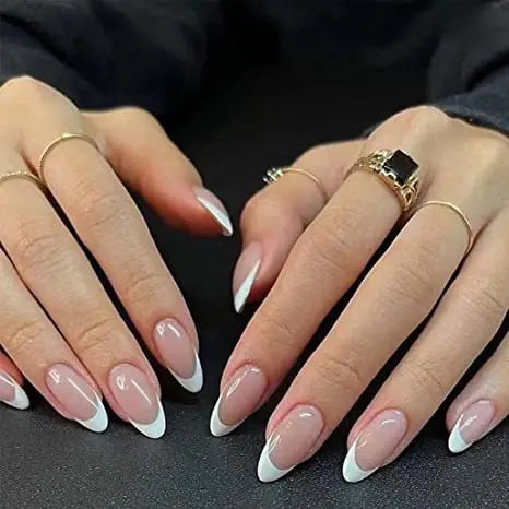 Medium Acrylic Almond Fake Nails – Removable Press-On, French Style, Europe/USA Design