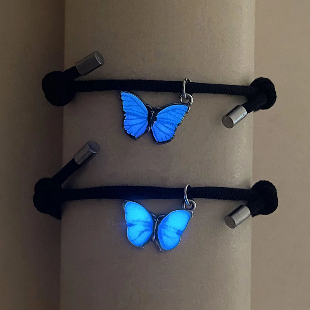 Butterfly Luminous Pendant Bracelet Set – Couples Black Rope