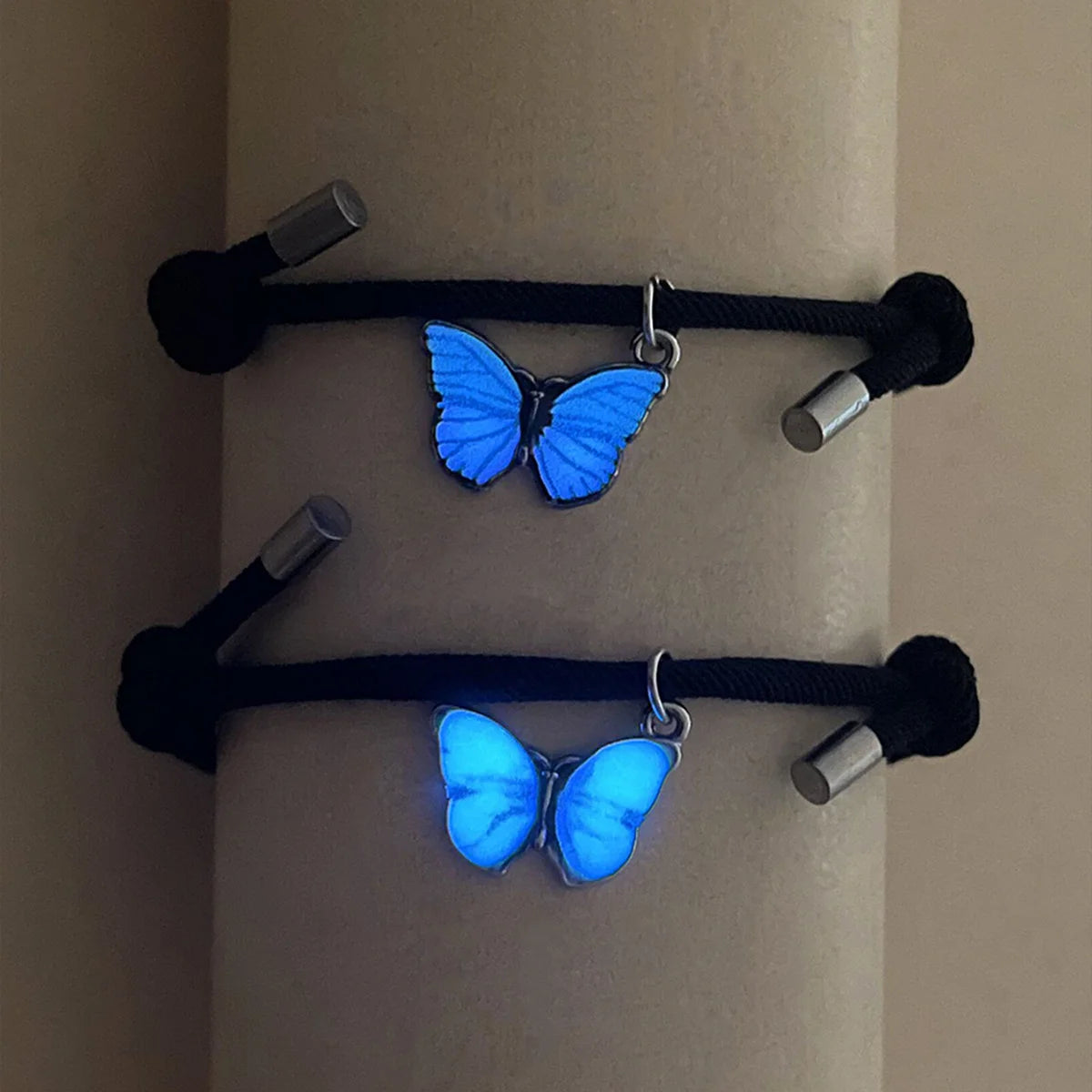 Butterfly Luminous Pendant Bracelet Set – Couples Black Rope
