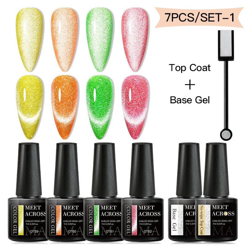 MEET ACROSS 7PCS Cat Magnetic Gel Nail Kit – Semi-Transparent Blue, Sparkling, UV Soak-Off