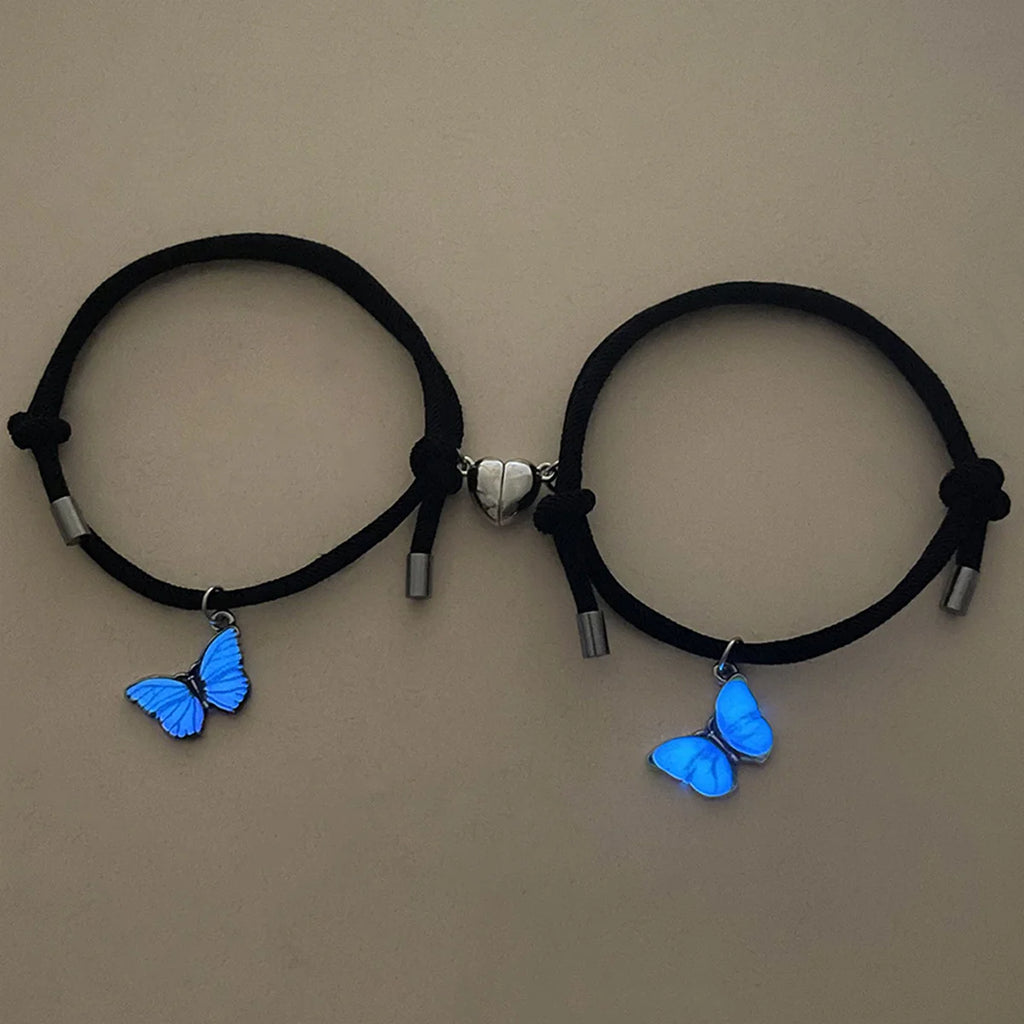 Butterfly Luminous Pendant Bracelet Set – Couples Black Rope