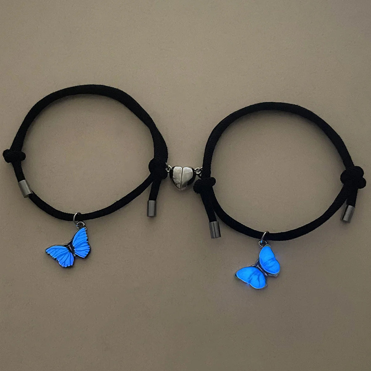 Butterfly Luminous Pendant Bracelet Set – Couples Black Rope