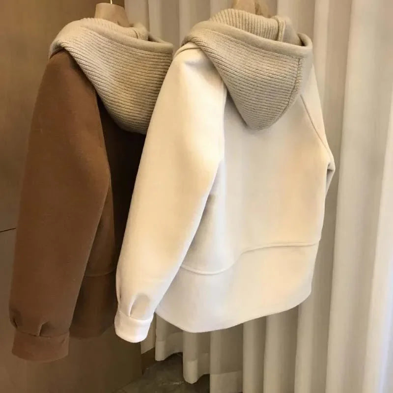 Veste Femme Grande Taille – Hood, Patchwork, Faux Deux-Pièces, Loose, Style Élégant Automne/Hiver