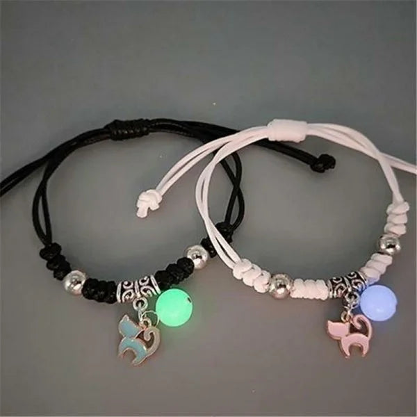 Sun & Moon Luminous Stainless Steel Couples Bracelet Set – Black Rope